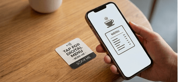 NFC tag on a café table — tap a phone to open the digital menu, no app needed