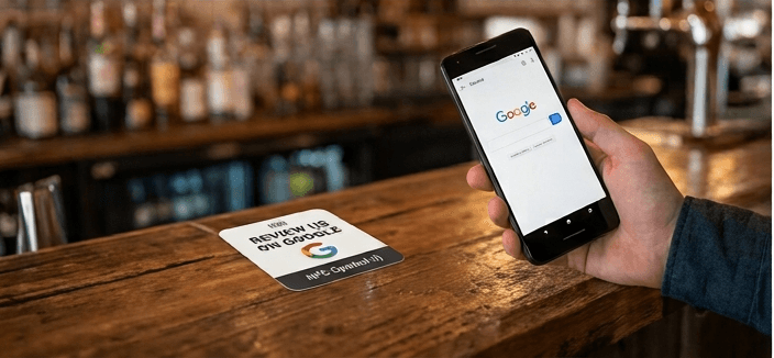 NFC review tag opening a Google review page on a phone
