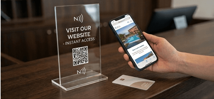NFC acrylic stand on a table opening a business website with one tap
