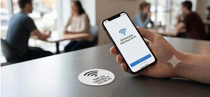 NFC WiFi tag connecting a phone to guest WiFi instantly